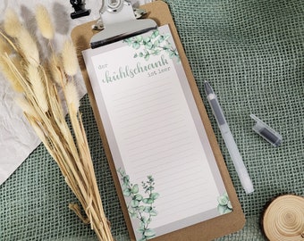 Notizblock Einkaufsliste mit Eukalyptus-Motiv und Klemmbrett DIN lang aus Recyclingpapier