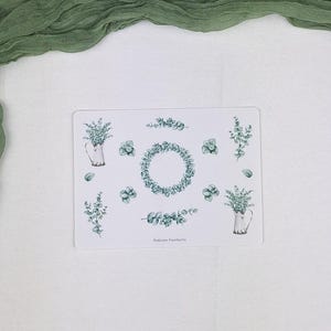 Puede incluir: Una hoja de pegatinas rectangular con varias ilustraciones en acuarela de follaje de eucalipto, que incluye una corona central, dos jarras blancas llenas de ramas de eucalipto, hojas individuales y ramitas. El texto Nadines Papeterie está impreso en la parte inferior.