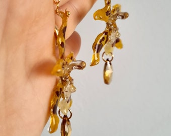 Real orchid earrings , Natural orchid flowers earrings . Resin flowers . Yellow tiger orchid flower