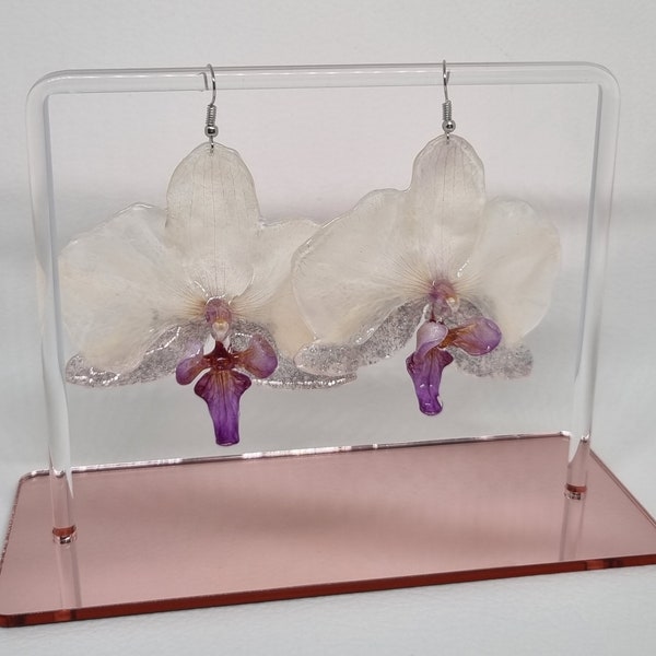 Real orchid earrings , Natural orchid flowers earrings . Resin flowers .