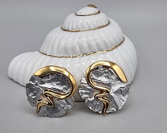 Vintage zilveren clip-on oorbellen met gouden accent, statement clip-on oorbellen uit de jaren 80, authentieke catwalk clip-on oorbellen