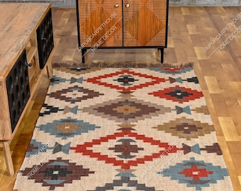Tappeto in lana e iuta tessuto a mano, tappeto Kilim Dhurrie, tappeto tradizionale indiano in iuta, tappeti su misura.