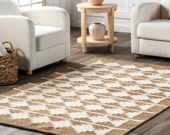 8X10,9X12FT white and natural hemp jute rugs-Extra large jute rugs jute rugs , checkerboard jute rug, large area . hemp rug for hallway rug