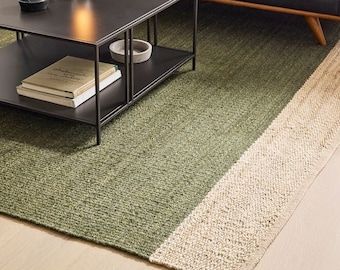 Handmade Green With Natural Hemp Jute Rungs-Extra Large Jute Rugs green  Jute Rugs-Stripes jute Rug, Large Area Hemp Rug For Hallway Rug