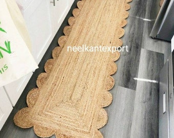 Alfombras de yute con borde de color natural, alfombras hechas a mano, alfombra con borde festoneado, alfombra de trapo festoneada, alfombra decorativa hecha a mano, personaliza en cualquier tamaño y forma.
