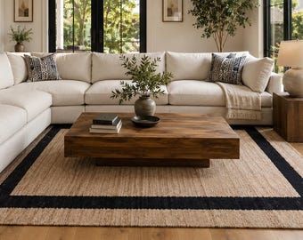 Natural with black Border hemp jute rugs-large area hemp jute rugs Boho Natural Jute Rug, Stripe Area Rug, Bohemian Rug, Custom Size Rug,