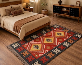 Kilim Rug, Multicolor Handwoven, Wool and Jute Rug Handmade, Kilim Dhurrie Rug, Traditional Indian jute Area rug