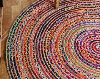 Natural Indian Handmade Jute Cotton Round Chindi Rug, Multicolor Decor Rug, Circle Area Rug, Entryway Cotton Rug For Home Decor, Kitchen Rug