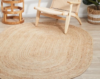 Handmade Braided Jute Rug-Oval Natural & White Area Rug-Eco-Friendly Reversible Floor Mat - Rustic Farmhouse Decor - Handcrafted Jute Carpet