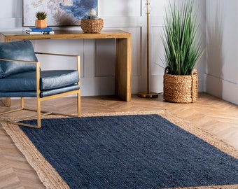 BlueNatural Jute Rug Jute Braided Rug Bohemian Jute Rug Rectangular Jute Rug Boho Decor Rug Jute Area Rug Jute rug Halloween Custom Size Rug