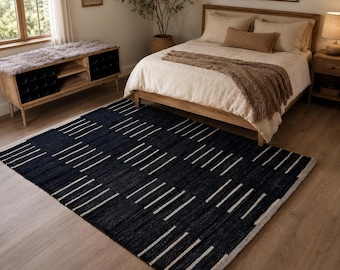 Handmade Black With Natural Hemp Jute Rungs-Extra Large Jute Rugs Black  Jute Rugs-Stripes jute Rug, Large Area Hemp Rug For Hallway Rug.