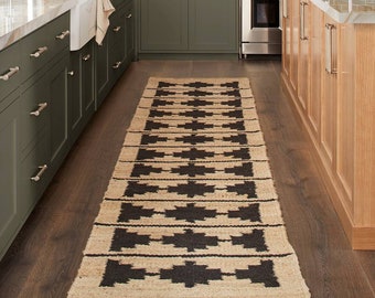 Runner rug 7x12 Ft White Black rug, floor rug, kitchen rug, handwoven jute hemp rug, black line jute rug, bathroom rug, rag rug, bedroom rug