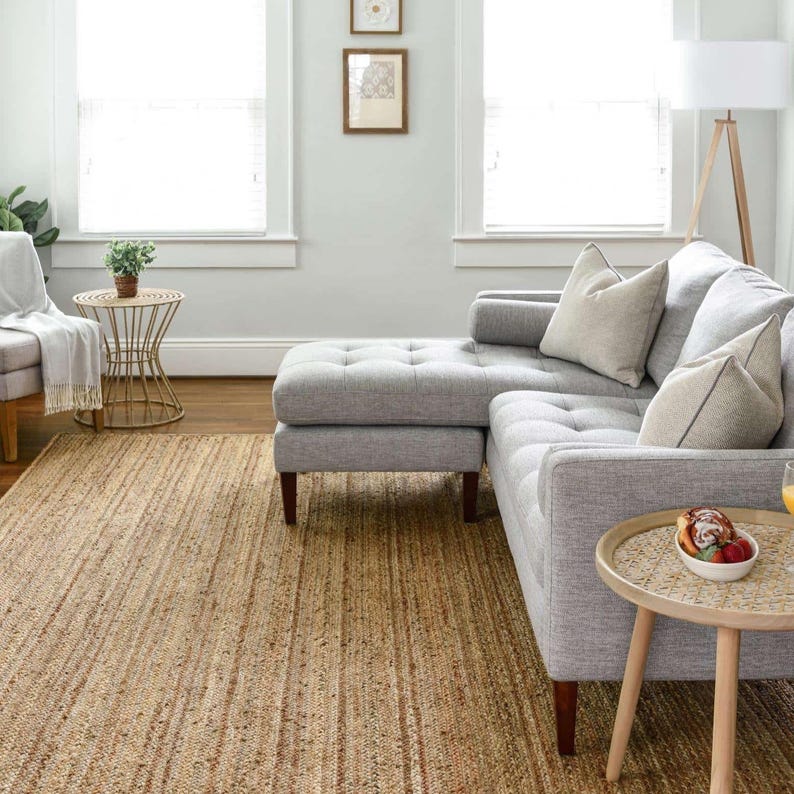 Indian Beige Scandinavian rug. Pattern Hemp Jute Rug. Ivory & Beige Rug. Handwoven Rug. 100% Natural Rug
