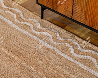 Beige Jute and Cotton Rug with White Flower Natural Jute Hand Woven Premium Quality Boho Style Rug Moroccan Nordic Rug Bohemian Decor Rug