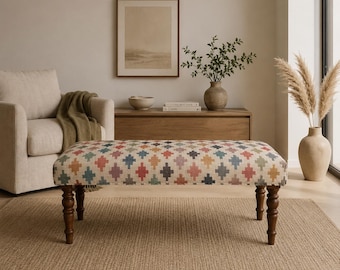 Banco Kilim artesanal em lã e juta | Banco estofado estilo boho | Banco otomano para hall de entrada/quarto | Decoração rústica de fazenda