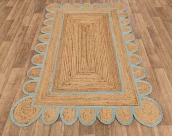 Alfombra de yute: festoneada, bohemia, de yute natural, rectangular, personalizada