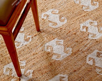 8x10Ft Beige Jute and Cotton Rug with White Flower Natural Jute Hand Woven Premium Quality Boho Style Rug Moroccan Nordic Rug Bohemian Decor