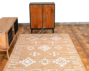 Natural Jute Ivory Flower Pattern High Quality Hand Woven Boho Style Rug, Moroccan Nordic Rug Bohemian Décor Rug, Eco-Friendly Cotton Rug