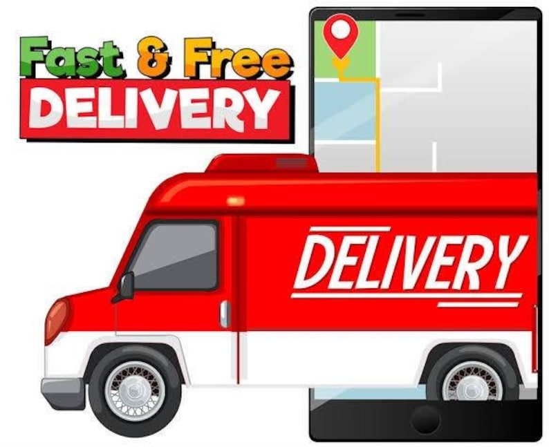 Pode incluir: Um caminh&atilde;o de entrega vermelho com a palavra "DELIVERY" escrita em branco na lateral. Um smartphone com um mapa e um pino vermelho est&aacute; no fundo. O texto "Fast & Free DELIVERY" est&aacute; no topo da imagem.
