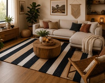 Tapete corredor listrado natural de juta e cânhamo - Tapete grande feito à mão, tamanho personalizado, estilo boho, para decoração de casa, sala de estar, quarto e cozinha.