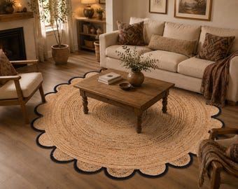 Handmade Scalloped Jute Rug, Boho scalloped Doormat, Natural Fiber rug Circle Accent Mat, Cute Farmhouse Entryway Rug, Woven Fan Area Rug