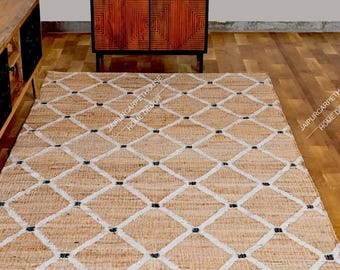 9X12,8x10Ft Jute Rug Ivory diamond  Natural Jute High Quality Hand Woven best Quality Boho Style Rug Moroccan Nordic Rug Bohemian Decor Rug