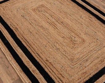 teppich natur und schwarz Handgefertigter Juteteppich, Teppichläufer, Teppichteppich, handgewebter Teppich