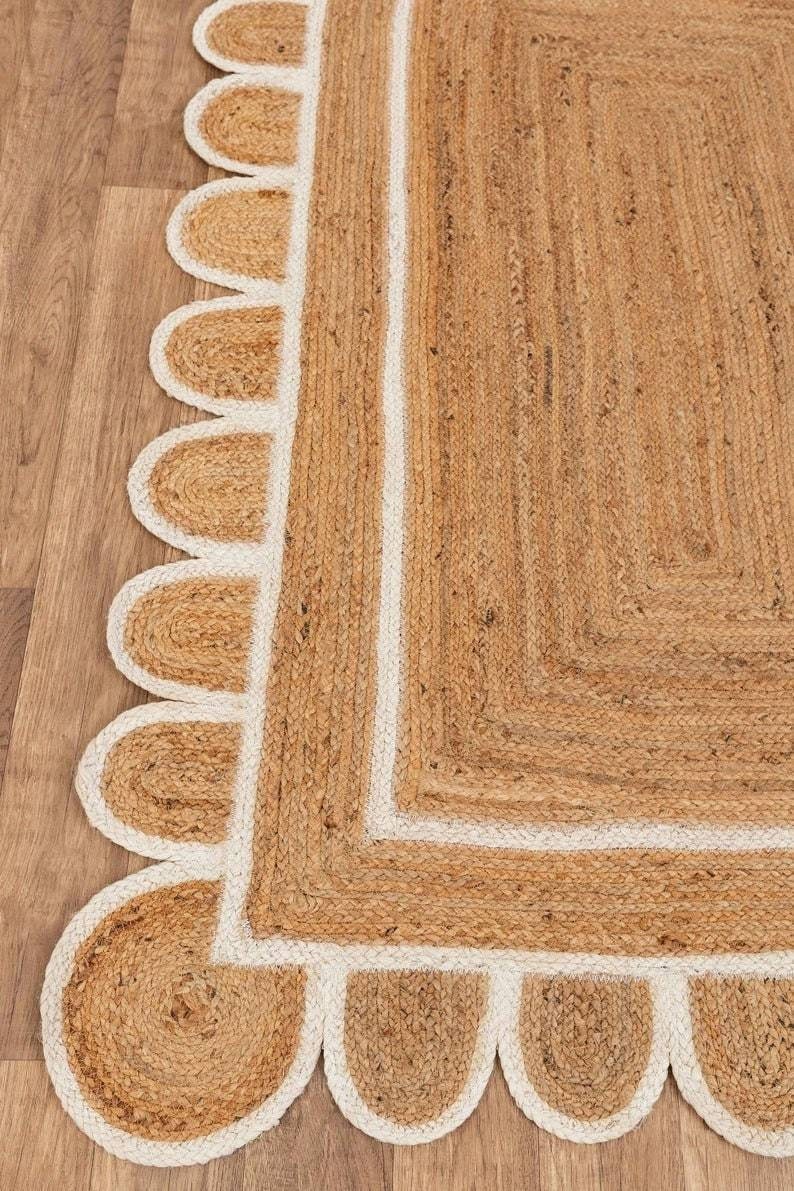 Scalloped Border Jute Rugs Handmade Rugs Scallop edge rug,scallop Rag rug Decor Handmade Rug, Customize in any Size & Shape.