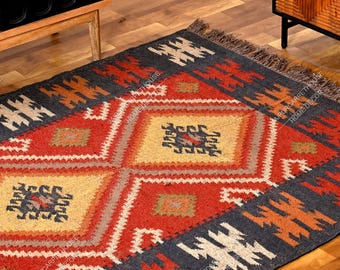 Kilim Rug, Multicolor Handwoven, Wool and Jute Rug Handmade, Kilim Dhurrie Rug, Traditional Indian jute Area rug