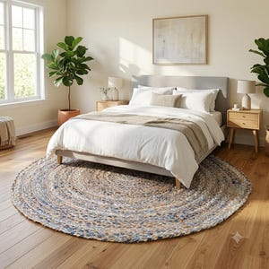 Alfombra redonda Chindi de algodón y yute natural hecha a mano en la India, alfombra decorativa multicolor, alfombra circular, alfombra de algodón para la entrada, ideal para la decoración del hogar o la cocina.