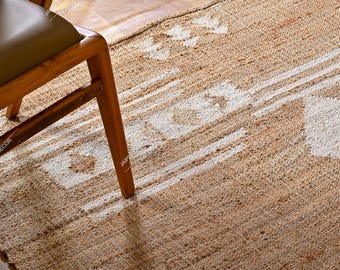 Handwoven Floral Jute Kilim Rug: Modern Boho Area Rug Cotton decorative runner, Natural Jute Eco-Friendly Cotton rug
