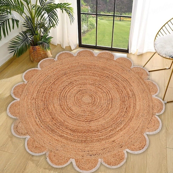 Scalloped Jute Rug - Scallop round Rug, Natural Jute Rug, Jute Area Rug, Boho round Jute Rug, Jute Round Rug, Jute Braided Rug