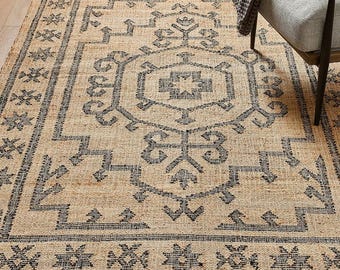 10x12 Jute Rug Ivory Black Flower Natural Jute High Quality Hand Woven best Quality Boho Style Rug Moroccan Nordic Rug Bohemian Decor Rug