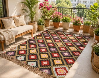 Green Natural Jute Area Rug, Handwoven Boho Farmhouse Carpet , Custom Size Kilim Rug Handmade Wool Jute Rug, SOUTHWESTERN RUG