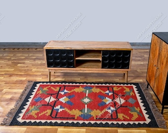 Alfombra Kilim de yute de lana vintage, tejida a mano, alfombra de lana y yute hecha a mano, alfombra Kilim Dhurrie, alfombra tradicional de la zona de yute indio