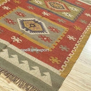 Alfombra Kilim de yute de lana 5x8, alfombras HomeDecor, alfombra de lana tamaño Coustme, alfombra de área vintage, alfombra de decoración boho, alfombra de yute de lana hecha a mano