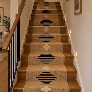 May include: A woven stair runner made of natural tan jute fibre featuring a repeating pattern of black horizontal striped diamonds and white cross shapes centred along the length of the runner, installed on wooden stairs with a black metal railing.