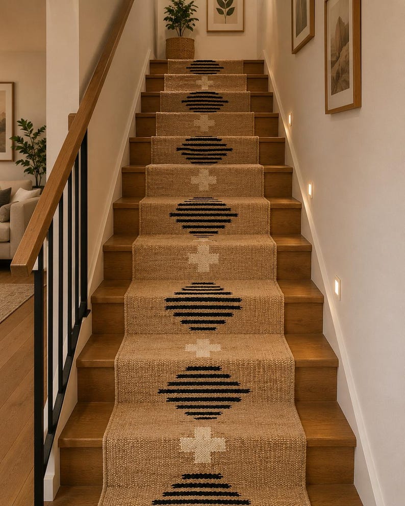 May include: A woven stair runner made of natural tan jute fibre featuring a repeating pattern of black horizontal striped diamonds and white cross shapes centred along the length of the runner, installed on wooden stairs with a black metal railing.