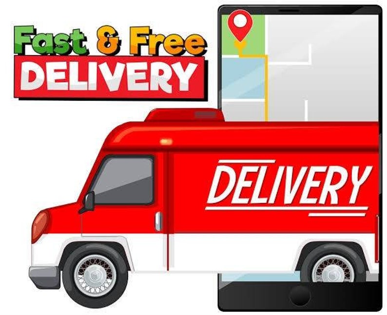 Może przedstawiać: Czerwony samoch&oacute;d dostawczy z napisem "DELIVERY" w kolorze białym na boku. W tle znajduje się smartfon z mapą i czerwoną szpilką. Tekst "Fast & Free DELIVERY" znajduje się w lewym g&oacute;rnym rogu obrazu.