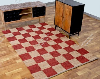 Handmade red and Natural Hemp Jute Rungs-Extra Large Jute Rugs red Jute Rugs- checkerboard jute Rug, Large Area Hemp Rug For Hallway Rug