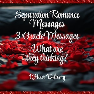 May include: Image features text: "Separation Romance Messages, 3 Oracle Messages, What are they thinking?" Red rose petals are scattered on a dark blue surface. The image has a red glitter border.