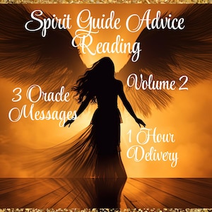 May include: An image with a golden border features a silhouette of a woman with outstretched arms, wings, and flowing fabric against a warm, orange background. Text includes "Spirit Guide Advice Reading," "3 Oracle Messages," "Volume 2," and "1 Hour Delivery."