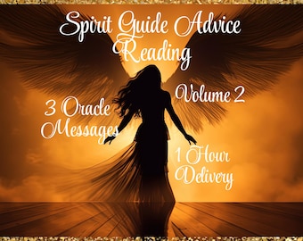 Puede incluir: Imagen con borde dorado que muestra la silueta de una mujer con alas y tela fluida sobre un fondo naranja. El texto incluye: "Spirit Guide Advice Reading", "3 Oracle Messages", "Volume 2" y "1 Hour Delivery".