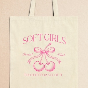 Soft Girls Social Club Canvas Tote Bag, Vintage Coquette Bow Tote Bag Gift, Cute Cherry Accessory for Girls, Pink Farmers Market Grocery Bag