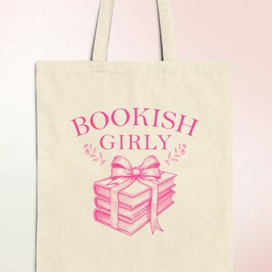 Bookish Girly Vintage Coquette Canvas Tote Bag for Book Lovers, Readers Gift, Bookworm Bag, Book Club, Cute Pink Farmers Market Grocery Bag image 1