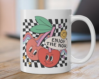 Enjoy the Now Mug, 11oz Cute Retro Cherry Mug, Checkered Vintage Mug, Mental Health Mug, Positive Mug, Self Care Gift, Coffee Cup Gift