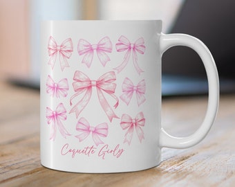 Coquette Girly Pink Vintage  Mug, 11oz Coffee Mug, Cute Trendy Coffee Cup Gift, Pink Ribbon Bow Mug, Women Self Care Gift for Coffee Lover