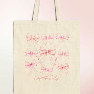Coquette Girly Pink Bow Canvas Tote Bag, Cute Coquette Accessories for Girls, Soft Girl Balletcore Gift, Pink Farmers Market Grocery Bag