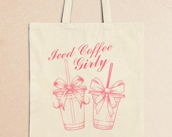 Iced Coffee Girly Vintage Coquette Canvas Tote Bag for Coffee Lover, Casual totebag for coffee date, Cute Pink Farmers Market Grocery Bag