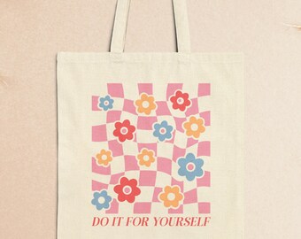 Self Empowering Canvas Tote Bag, Cute Retro Flower Checkered Bag, Women's Self Love Gift, Positive Vibes Tote, Farmer's Market Grocery Tote